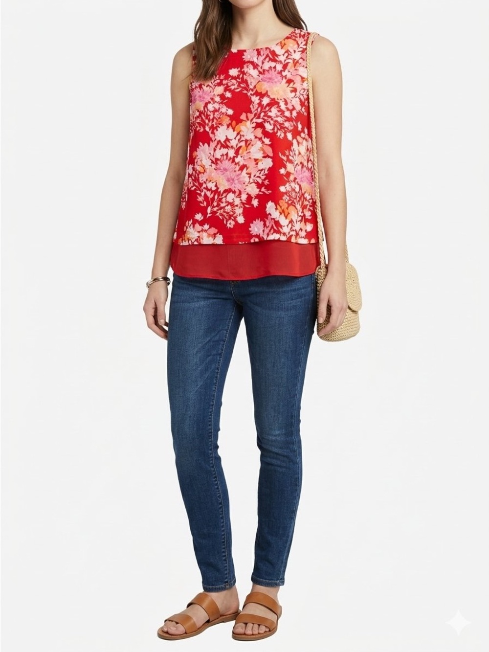 Rose & Olive Red Floral Sleeveless Blouse with Pink Accents
